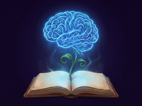 Glowing human brain growing out of an open book with mental growth, of knowledge