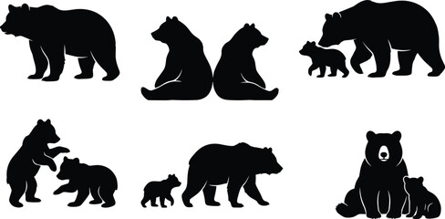 Bear and cub silhouettes in various poses showing wildlife family interaction, playful behavior, and natural companionship © kamalesh