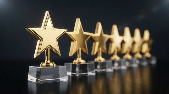 Golden star trophies on a dark background representing achievement, excellence, and top performance recognition in business and career settings.