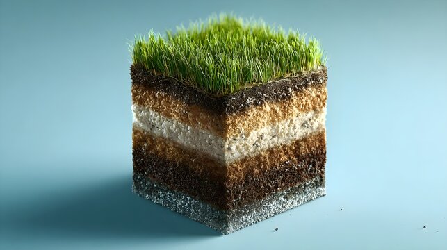detailed soil profile cube showing stratified layers and green grass surface