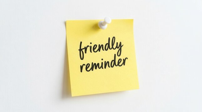 Yellow sticky note with handwritten text friendly reminder pinned on white wall.