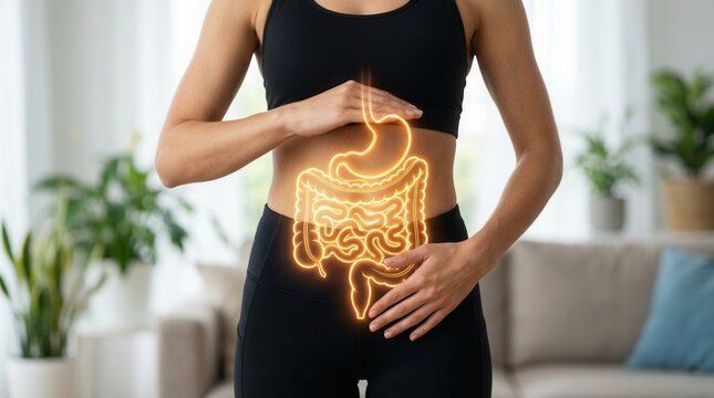 Woman highlighting a healthy glowing digestive system with shining stomach and intestines for gut health.