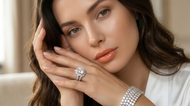 Elegant model wearing a luxury jewelry set with a sparkling ring and bracelet.