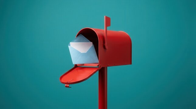 Red mailbox with open door shows envelope and paper inside on a teal background.
