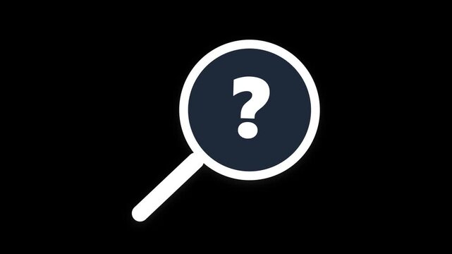 Magnifying glass animation revealing a white question mark icon on a dark background within this high quality digital motion video clip for modern web interface design