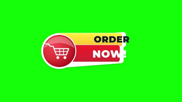 Order now shopping cart button animation featuring vibrant red and yellow circular graphic design elements for e-commerce website interface video footage with bright green background screen
