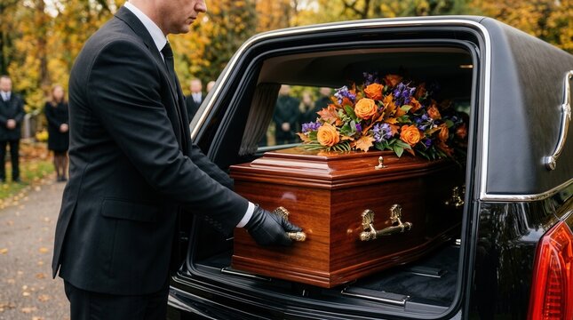 A pallbearer in a suit carries a flower topped casket into a car.