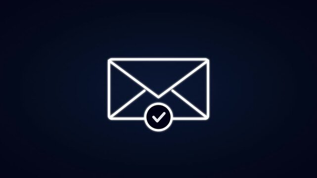 Email envelope icon with checkmark notification pulsating in an animated digital motion graphic loop sequence set against a dark blue background for modern professional user interfaces