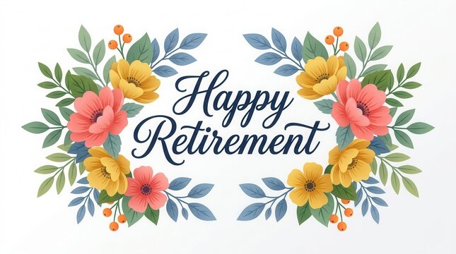 Elegant typography with celebratory floral design wishing happy retirement.
