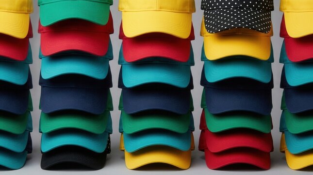 Stacks of assorted baseball caps in vibrant colors and patterns for casual and sporty looks.