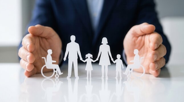 Hands protect a paper people family group including a disabled person in a wheelchair for insurance and social security.
