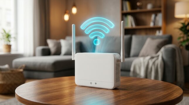 Wireless wifi router with glowing blue signal on wooden table in living room