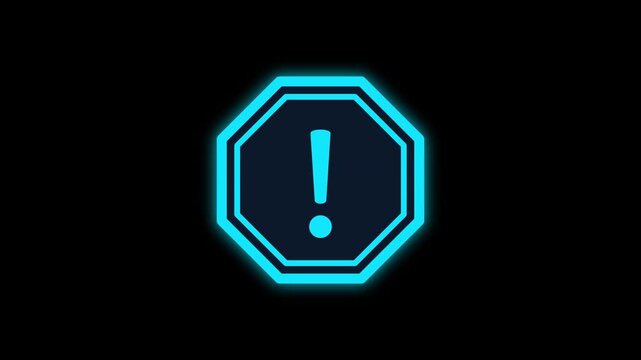 Glowing blue exclamation mark inside an octagon frame flashing with pulsating neon light effects in this digital motion animation for modern interface design software video clip