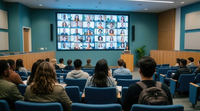 Students attend a hybrid classroom session with some in person and others joining virtually on a large screen.