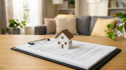 Obraz premium Miniature house on property title documents with clipboard on wooden table