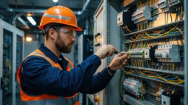 Technician connecting grounding system inside company electrical room with precise measurements for optimal lightning protection.