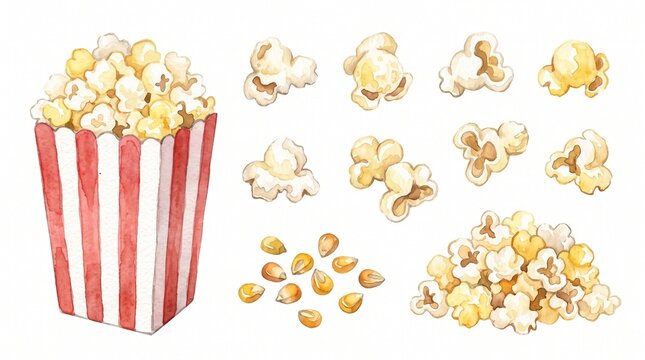 Watercolor popcorn bucket and kernels set for cinema and movie night design elements