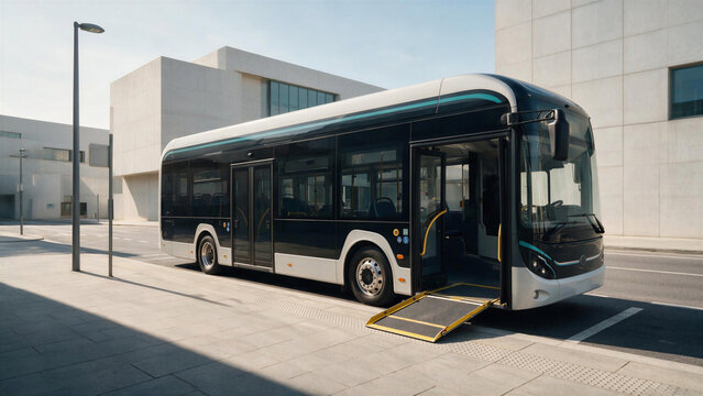 Low floor city bus wheelchair ramp extended to the sidewalk for disabled passenger access.