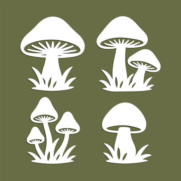 Paper cutting set with forest mushrooms. Simple flat silhouette vector art in paper cut craft style.