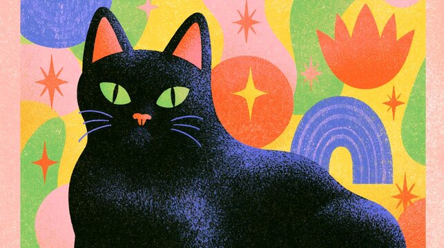 Bright black cat featured in a modern risograph print surrounded by colorful abstract patterns including stars and rainbows with a distinct textured artistic style