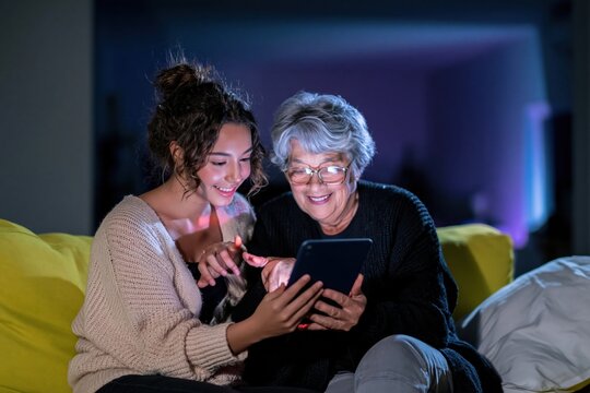 Teenage girl and senior woman sitting on a bright yellow sofa, looking at a digital tablet for intergenerational support and digital literacy