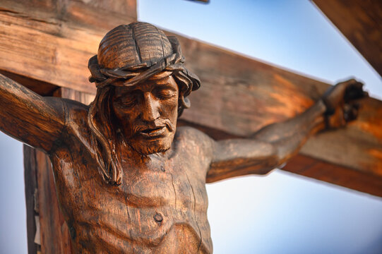 A wooden crucifix with Jesus Christ on Mount Podbrdo, the Apparition Hill overlooking the village of Medjugorje, Bosnia and Herzegovina.