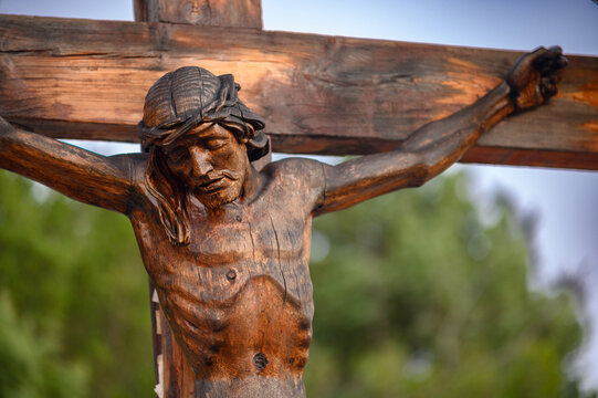 A wooden crucifix with Jesus Christ on Mount Podbrdo, the Apparition Hill overlooking the village of Medjugorje, Bosnia and Herzegovina.
