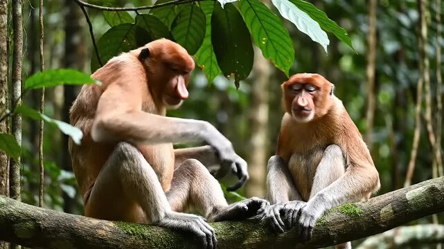 Two Proboscis Monkeys Grooming Each Other on a Tree Branch in a Lush Green Rainforest.