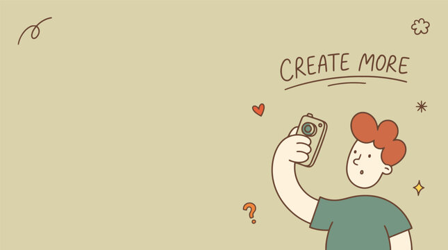 Minimalist doodle illustration of man taking selfie, creative content creator background, hand drawn character with camera