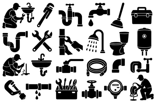 Plumbing tools vector set with black silhouettes of wrenches pipes sinks and plumbers