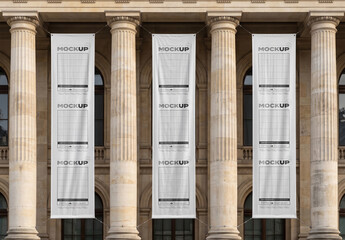 Long Vertical Banners Flags on Stone Building Entrance Mockup