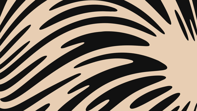 Black and beige zebra inspired flowing stripe pattern with bold curved lines for fabric printing, wallpaper, fashion surfaces, wrapping paper and backgrounds