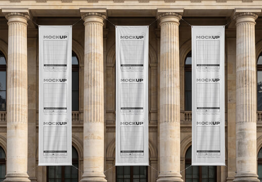 Long Vertical Banners Flags on Stone Building Entrance Mockup
