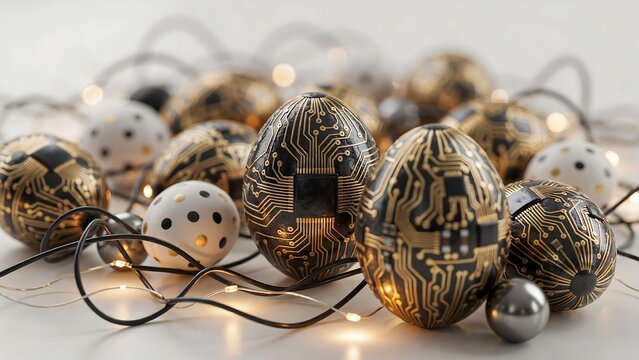 Futuristic black and gold circuit patterned decorative spheres with glowing lights