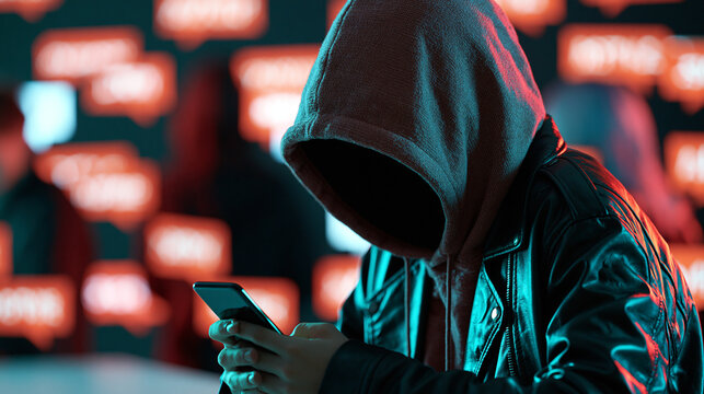 Faceless young adult looking down at a glowing smartphone in a dark room with blurred hostile notifications, digital abuse, cyberbullying, online harassment, toxic social media,