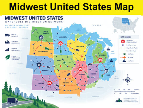 Midwest United States map logistics warehouse distribution network showing major transport routes.