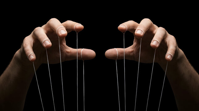 abstract concept of manipulation with hands pulling puppet strings against dark background