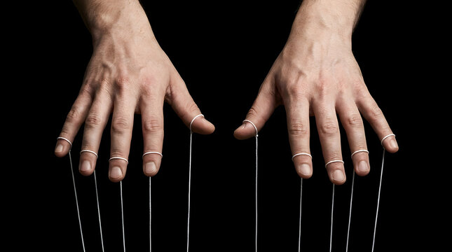 human hands controlling puppet strings representing power and influence in a business context