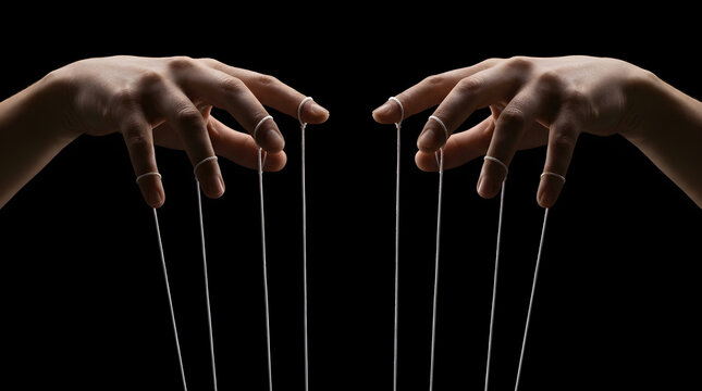 hands of a puppeteer pulling strings against a black background representing control and manipulation
