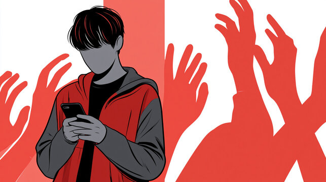 Faceless teenager holding a smartphone while stylized red hands emerge from the screen, cyberbullying, online intimidation, digital violence, social media risks, youth mental