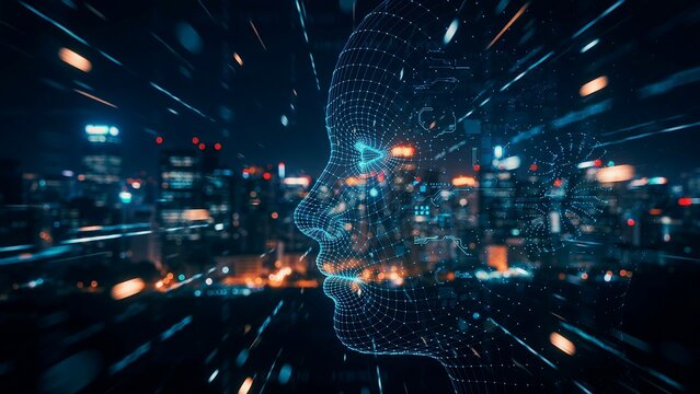 Futuristic artificial intelligence face with digital wireframe and connected city technology background