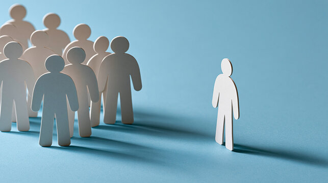 Paper human figures arranged in a group with one figure separated by a visible distance, bullying prevention, social exclusion, emotional distance, loneliness, community