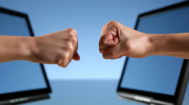 Two anonymous fists emerging from opposite computer screens toward each other, online conflict, cyberbullying, digital aggression, internet harassment, virtual argument, online