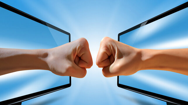 Two anonymous fists emerging from opposite computer screens toward each other, online conflict, cyberbullying, digital aggression, internet harassment, virtual argument, online