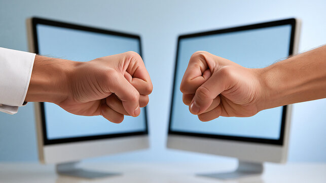 Two anonymous fists emerging from opposite computer screens toward each other, online conflict, cyberbullying, digital aggression, internet harassment, virtual argument, online