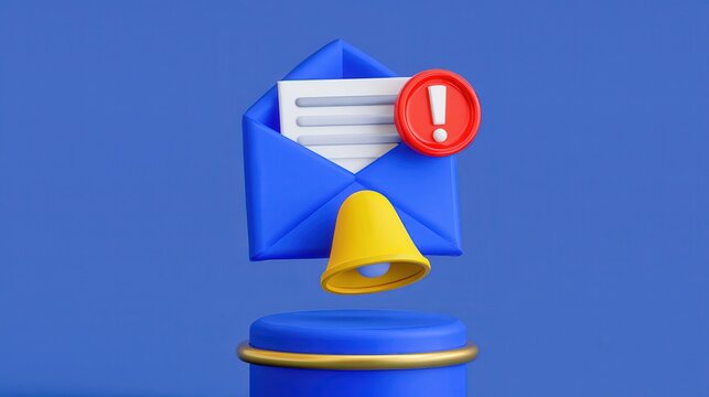 3D render of a blue email envelope with notification bell and urgent alert icon