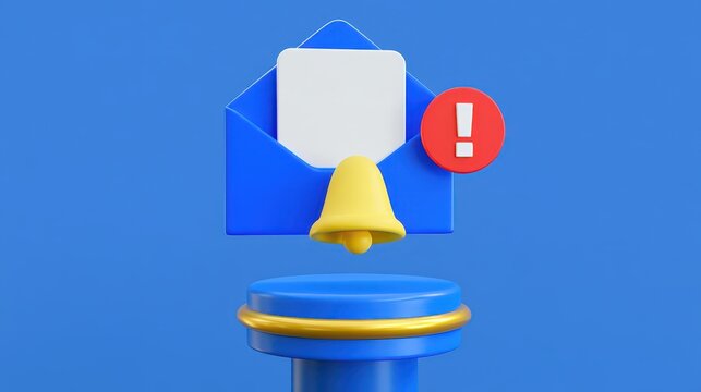 3D blue envelope with notification bell and alert icon for digital message communication.
