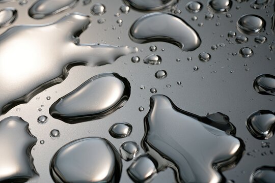 Gleaming liquid droplets spread across a reflective, textured surface