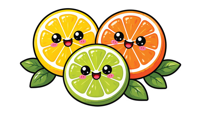 Cute colorful citrus fruit trio with smiling faces, including orange, lemon and lime, playful food illustration for summer, healthy and cheerful designs