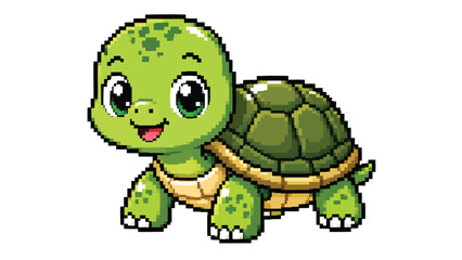 Obraz premium Cute green pixel art turtle with smiling face and detailed shell, adorable slow animal game character isolated on a clean white background